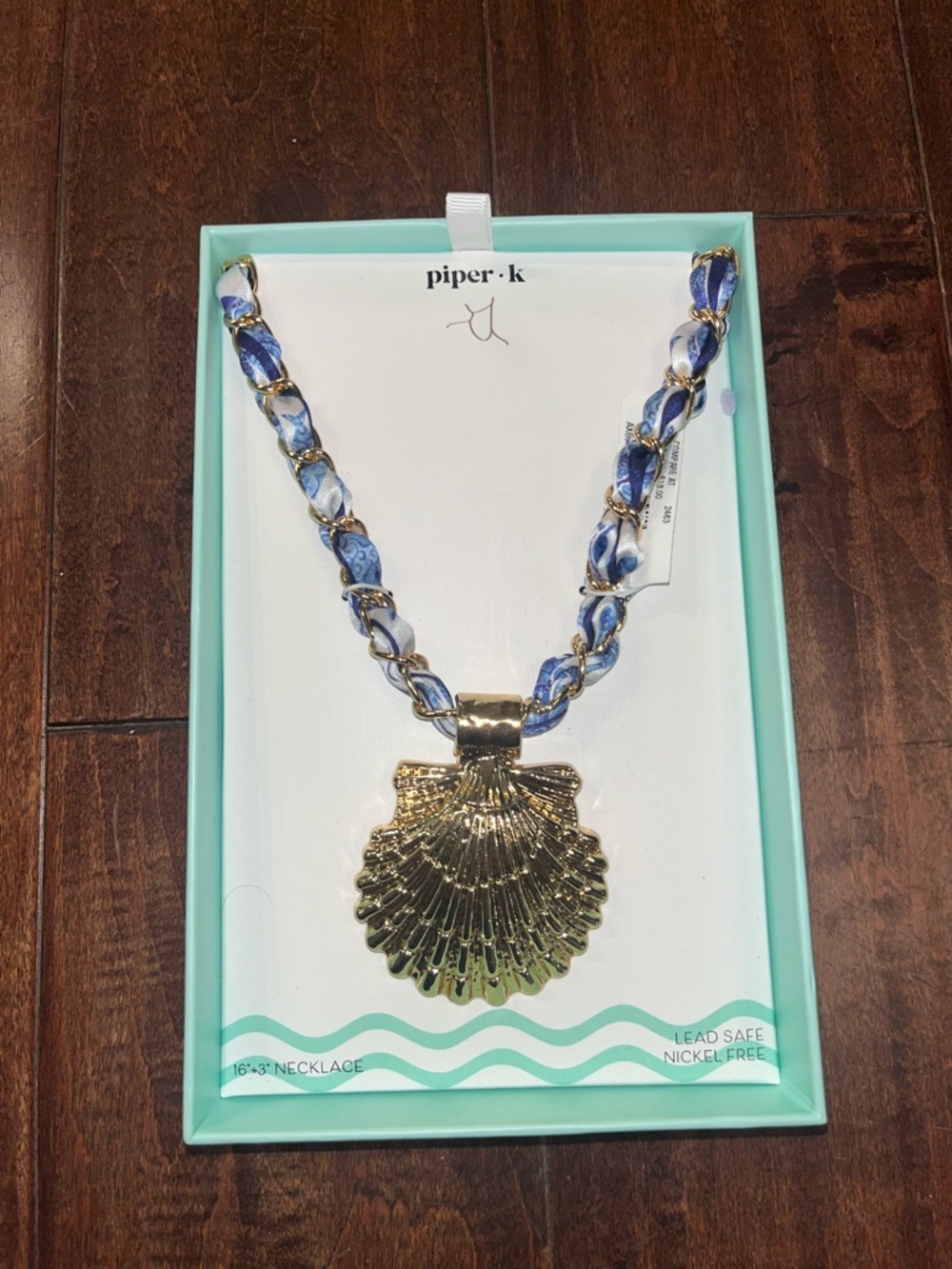 piper•k Gold Shell Pendant Necklace with Blue Ribbon Chain (NWT)